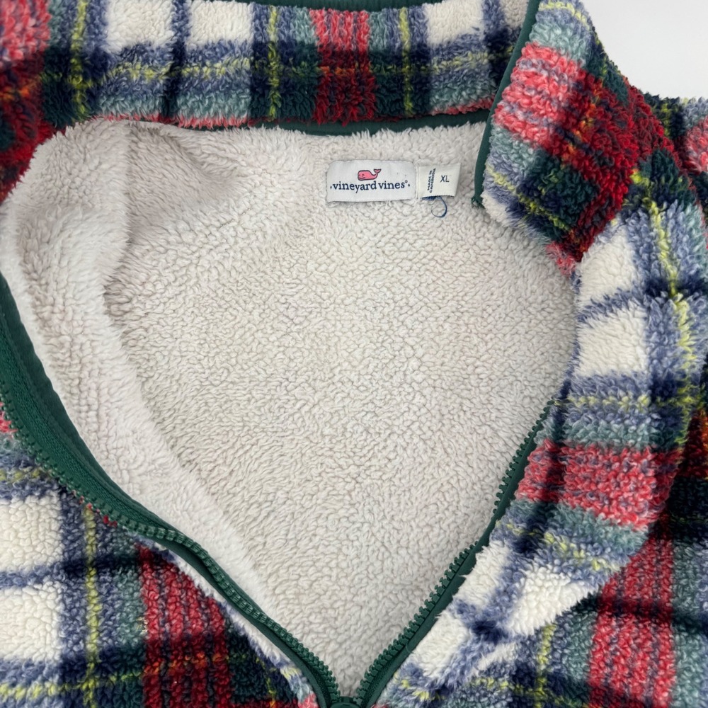 Vineyard Vines Women XL Plaid Sherpa Fleece Quarter Zip Pullover Red Green White - Picture 11 of 12